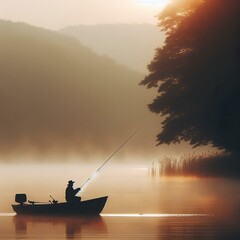 Wall Mural - A fisherman in a hat, casting a line from his boat in the hazy light of sunrise on a calm lake.