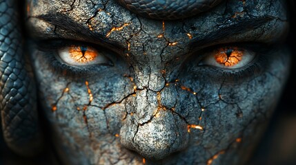 Poster - Cracked weathered mystic face with glowing white and fiery orange eyes Scales on the forehead blend into dark shadows A twisted snake coils in the background adding an ancient and eerie atmosphere