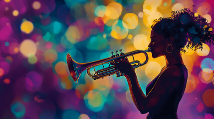 Wall Mural - Female musician playing the trumpet with vibrancy