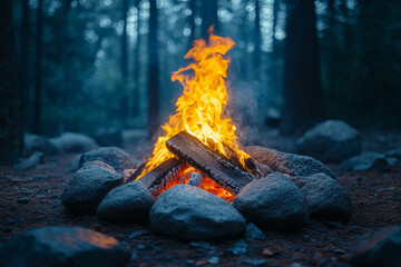 Campfire in the woods at dusk creating warmth and light for outdoor activities