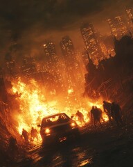 Sticker - A group of zombies are walking towards a car in a burning city.