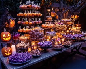 Poster - A Halloween dessert table with various treats including cupcakes, caramel apples, and pumpkin-shaped desserts.