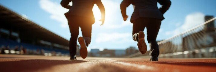 The image depicts two people in suits running on a track under a bright sky, symbolizing the competitive nature of business and the race for success.