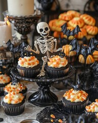 Sticker - A Halloween-themed dessert table with cupcakes decorated with candy corn and bats.