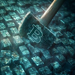 Sticker - A hammer with the Bitcoin symbol is about to strike a row of blocks.