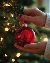 Wall Mural - A hand delicately places a red Christmas ornament on a decorated Christmas tree.