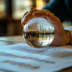 Poster - A hand holds a glass ball reflecting a cityscape over a desk with financial charts.