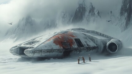 Poster - Detailed 3D render of the Millennium Falcon entombed in a snowy Arctic landscape realistic reflections on the ice with scientists working nearby and a helicopter circling above the excavation site