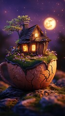 Poster - Detailed 3D rendering of a brown cup with cracks showcasing a quaint wooden house on top lush grass and wildflowers around set against a dark purple background with a glowing moon and stars