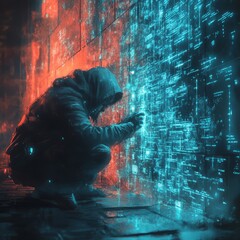 Wall Mural - A hooded figure crouches before a glowing digital wall, their hand outstretched towards the intricate code.