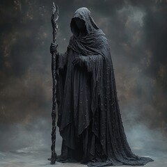 Sticker - A hooded figure in a dark robe stands with a staff in a misty, cloudy setting.