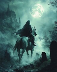 Sticker - A hooded figure on horseback rides away from a moonlit graveyard.