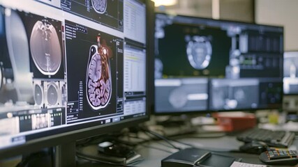 Poster - Detailed Brain Scans Displayed on Computer Monitors in a Medical Office, Generate an Video of an artificial intelligence system that analyzes medical imaging scans and accurately detects abnormalities