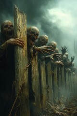 Sticker - A horde of zombies clawing at a wooden fence in a dark and stormy setting.