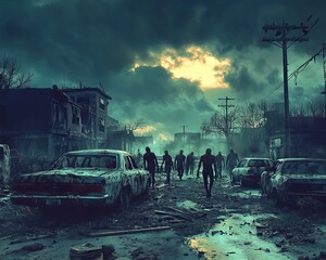 Poster - A horde of zombies walking through a deserted city street.