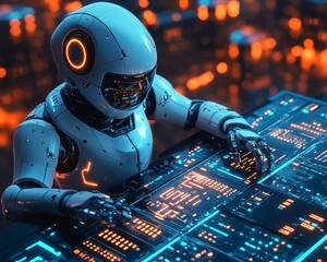 Wall Mural - A humanoid robot operates a futuristic control panel with glowing lights.