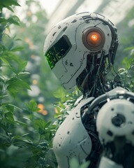 Wall Mural - A humanoid robot with a white and silver exterior stands amidst lush green foliage, its red eye glowing with artificial intelligence.