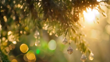 Poster - Dew-covered pine needles with water droplets glistening in the morning sunlight, Glistening water droplets catching the sunlight