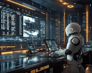 Canvas Print - A humanoid robot works at a futuristic control panel with multiple screens displaying data and charts.