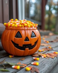 Sticker - A jack-o-lantern filled with candy corn sits on a wooden porch with fallen leaves.