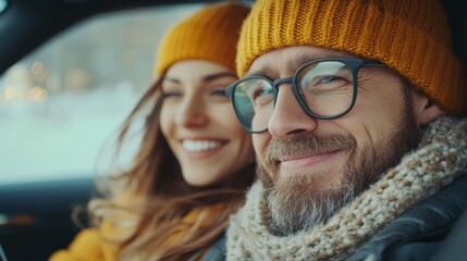 Wall Mural - A man and a woman are smiling at the camera while wearing hats and scarves