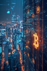 Canvas Print - A large Bitcoin symbol is illuminated on a skyscraper in a city at night.