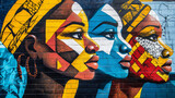 large mural on a city wall painted during Black Awareness Day, featuring important figures in African and diaspora history, bright colors and symbols of strength and unity, Ai generated images