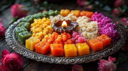 Poster - Diwali feast of colorful sweets arranged on an ornate plate with a diya illuminating the scene and bright marigold and rose flowers adding a festive touch perfect for celebration