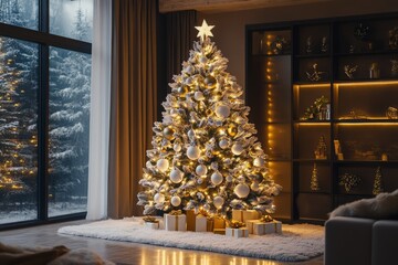 Wall Mural - A large decorated Christmas tree stands in a cozy living room with presents underneath and a snowy forest view outside the window.