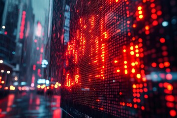 Sticker - A large LED screen displaying stock market data in a city at night.