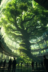 Poster - A large tree grows through the center of a futuristic building, surrounded by people.