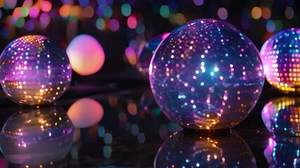 Poster - a close-up shot of glowing orbs with intricate patterns of light, pulsating in a synchronized light 