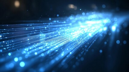 Poster - Blue light rays and fiber optic cables glowing on black background