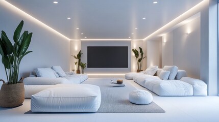 Leinwandbilder - A white living room with a black screen and a zebra print rug