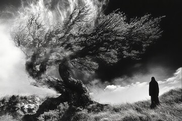 Poster - A lone figure stands in a field against a dramatic silhouette of a tree and swirling clouds.