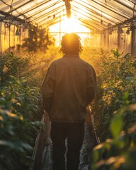 Sticker - A lone figure stands in a greenhouse with the sun shining through the roof, casting a warm glow on the plants.