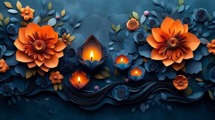 Poster - Festive Diwali background with artistic paper cut lamps and candles blending vivid colors and intricate designs allowing space for personalized text