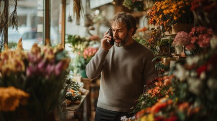 Wall Mural - A man is talking on his cell phone in a flower shop