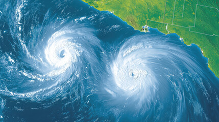 detailed map of hurricane wind tracking showing two hurricanes in ocean. image captures swirling pat