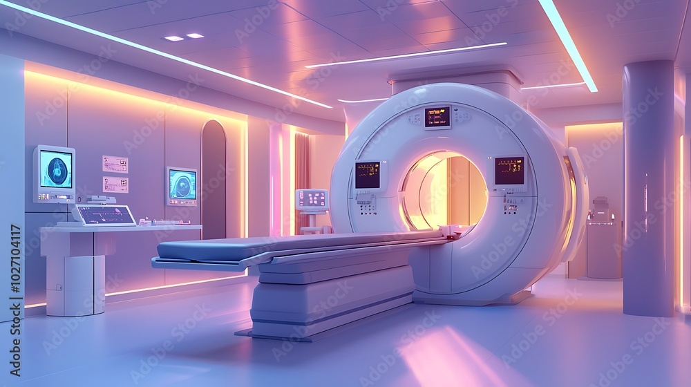 CT scan facility portrayed within a modern hospital setting. Stock ...