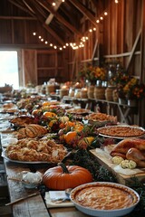 Canvas Print - A long table laden with Thanksgiving food in a rustic barn setting.