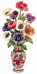 a playful arrangement of colorful anemones in a decorative vase, set against a white background