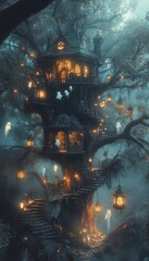 Canvas Print - A magical treehouse with glowing lanterns and ethereal figures in a misty forest.