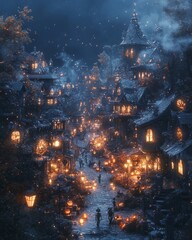 Poster - A magical, snow-covered village at night, lit by warm lanterns.