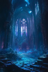 Poster - A majestic, gothic cathedral bathed in an ethereal, blue light.