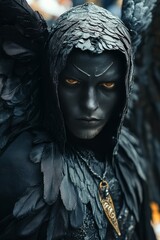 Wall Mural - A man in a dark hooded costume with black wings and yellow eyes.