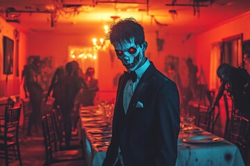 Canvas Print - A man in a suit with a spooky makeup stares intensely at the camera while standing in a dining room with other people dressed as zombies, all in a darkly lit room with red light shining.