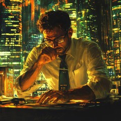 Canvas Print - A man in a white shirt and tie sits at a desk in a dark room, looking out at a city skyline at night.