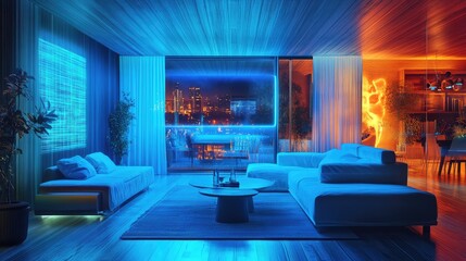 Wall Mural - A futuristic living room where half the furniture is real and the other half is a digital hologram projected from a metaverse device.