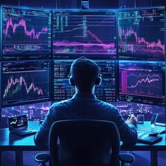 Poster - A man sits in front of multiple computer screens, looking at charts and graphs.